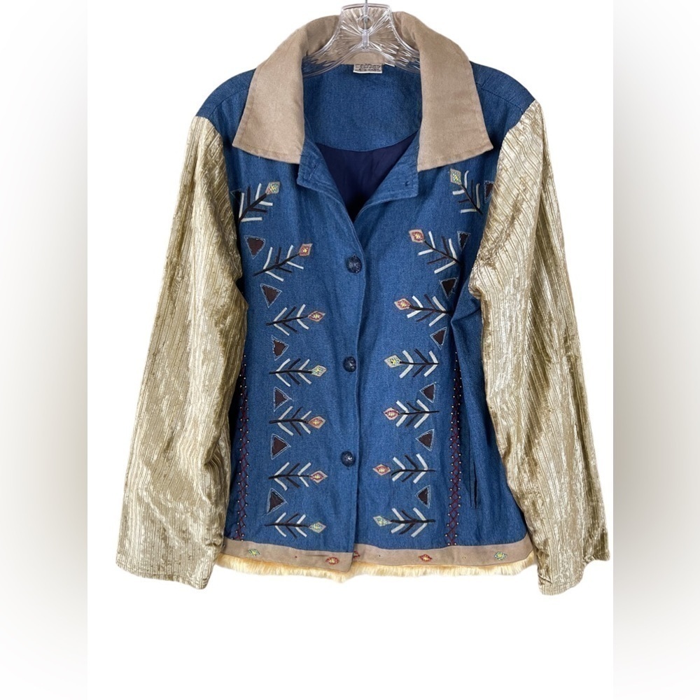 Parsley & Sage Denim Beaded Faux Fur Trim Jacket L
